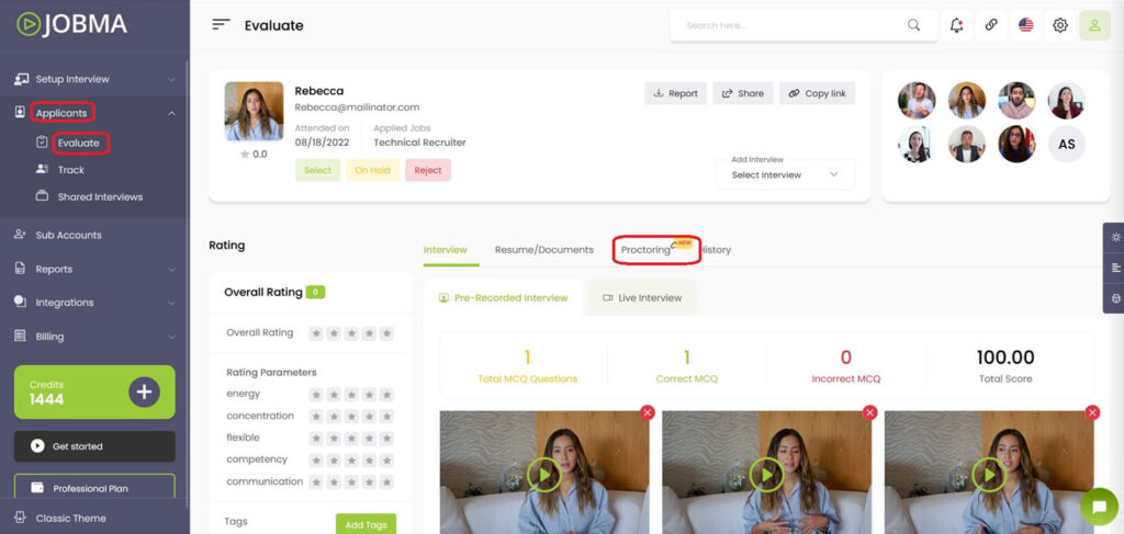 Applicants > Evaluate > Open a candidate profile click on the Proctoring Tab