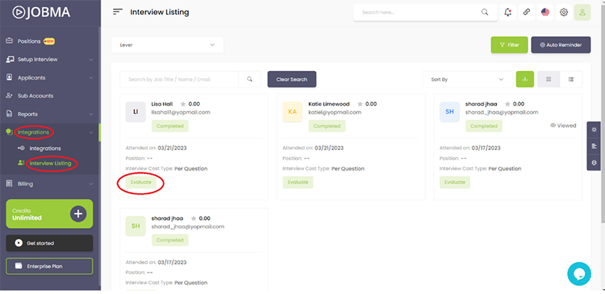 Interview Listing and clicking on Lever