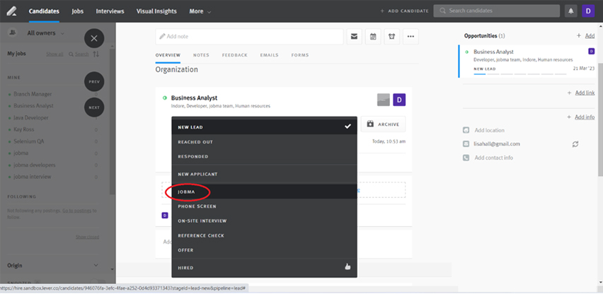 Click on New Lead and select Jobma. This sends out a Jobma interview invite to the candidate.