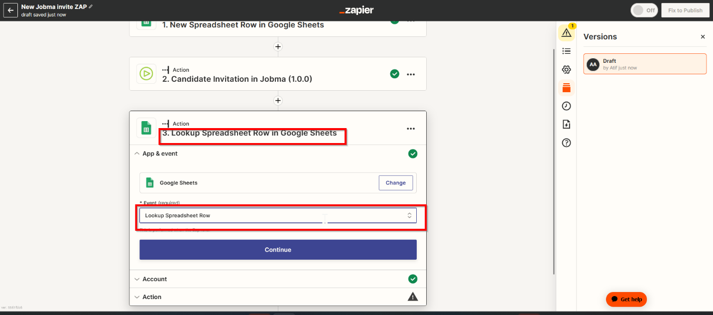 Set up an Action: Lookup Spreadsheet Row in Google Sheets