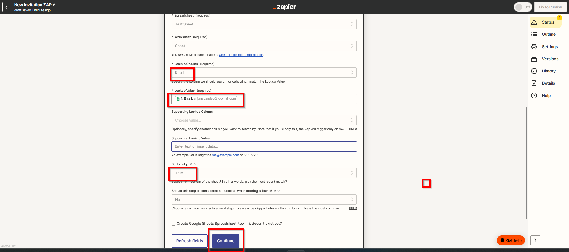 Set up an Action: Lookup Spreadsheet Row in Google Sheets