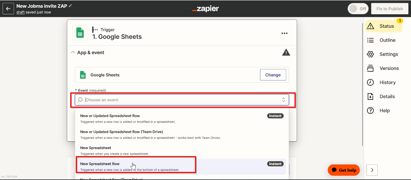 Set up a Trigger: New Spreadsheet Row in Google Sheets