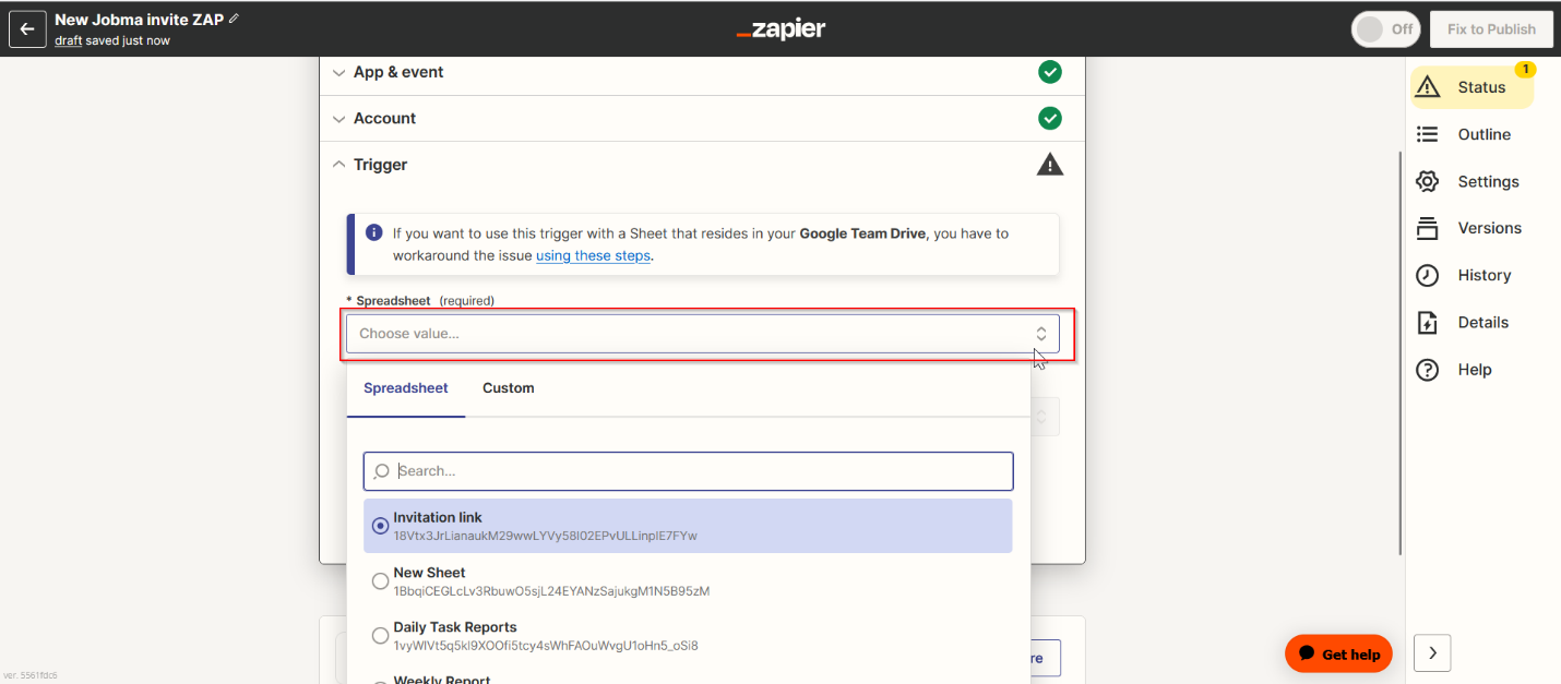 Set up a Trigger: New Spreadsheet Row in Google Sheets