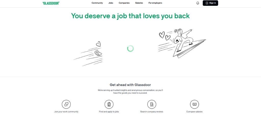 Glassdoor UK homepage showing job search, company reviews, salary comparison tools, and employer branding features for job seekers and recruiters.