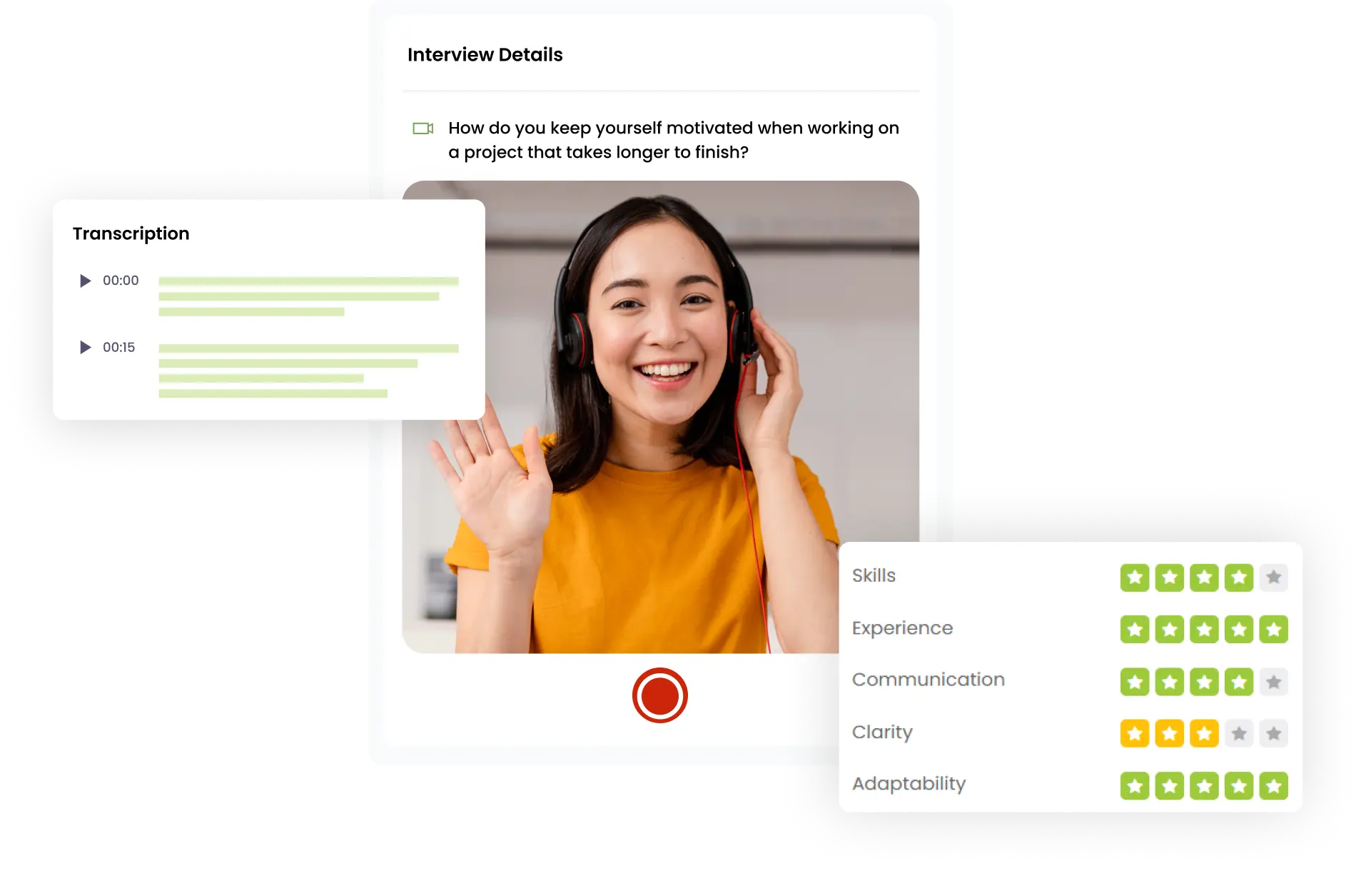 Candidate in a one-way video interview on Jobma, smiling, with transcription and skills ratings shown