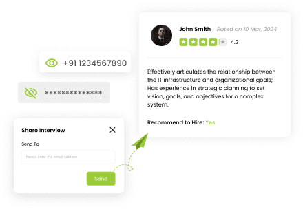 Jobma collaboration screen showing interview ratings, feedback, and options to share the interview with others