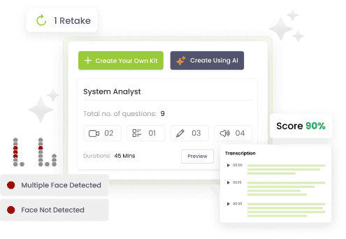 Jobma AI interface showing a 90% score, face detection results, and transcription for a system analyst interview kit